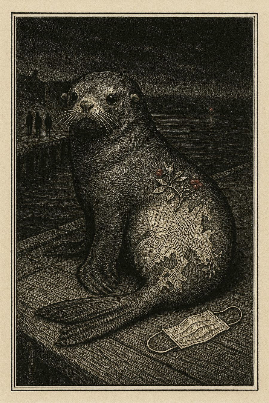 Cicatrix Against the Threshold, fur seal, copperplate engraving