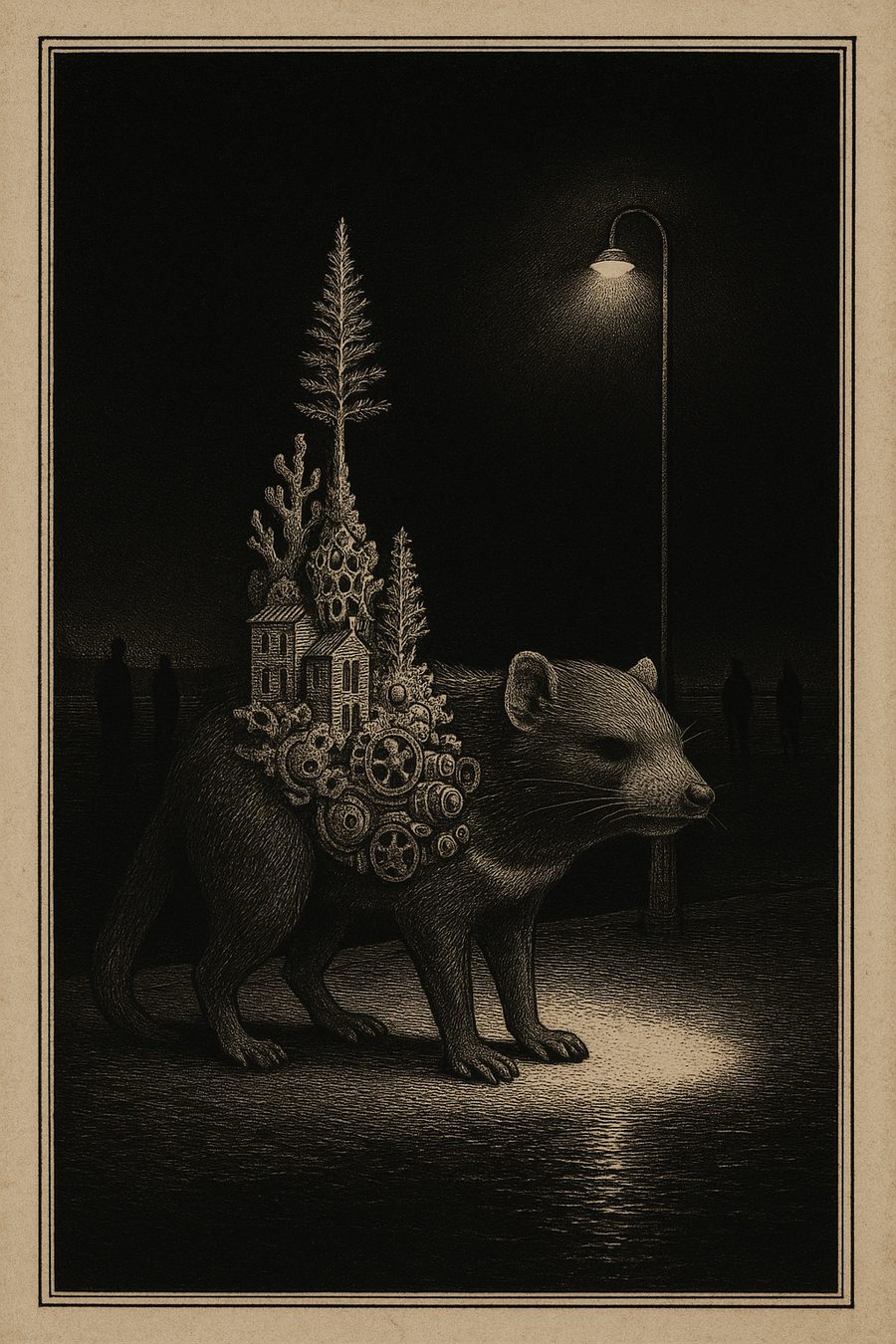 The Waning Vigil, Tasmanian devil, copperplate engraving